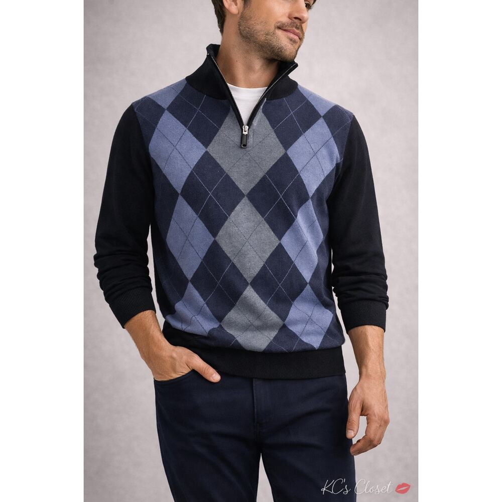 Studio by Omega Men’s Argyle Quarter Zip Sweater Pullover Blue Black Size S